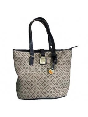 Dooney & Bourke Vintage Tan Monogram Canvas Tote Bag with Brown Leather Handles